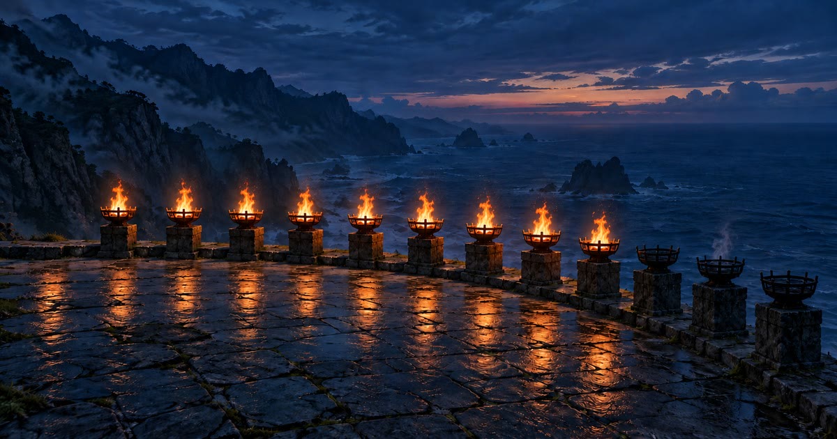 Twelve fire braziers in an arc on a clifftop terrace at dusk, nine burning and three gone dark, representing areas of life that need tending.
