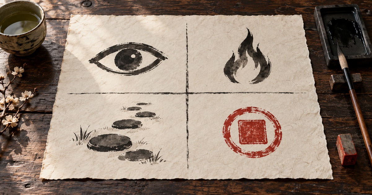 A four-part hand-inked reference sheet on a dark wooden Japanese desk, with symbols for the four laws of Atomic Habits beside an ink brush, red seal stamp, and tea cup.