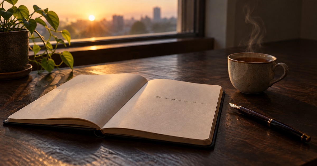 An open journal and fountain pen on a wooden desk at sunset, with a steaming cup and a plant by the window