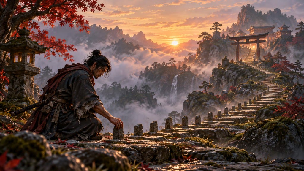 A ronin kneeling beside a stone lantern on a mossy mountain stair at sunrise, with a torii gate and shrine above the clouds