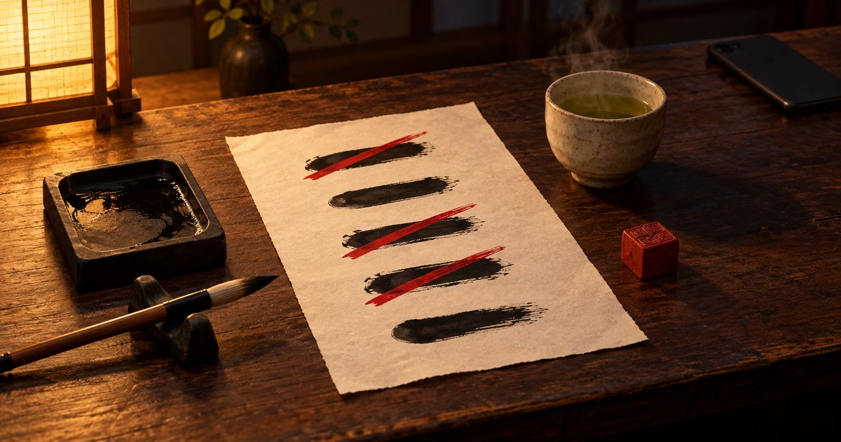 Ink brushstrokes on washi paper, some crossed out in red, on a Japanese desk with a brush, seal, green tea, and a phone pushed aside, representing bad habits being replaced.