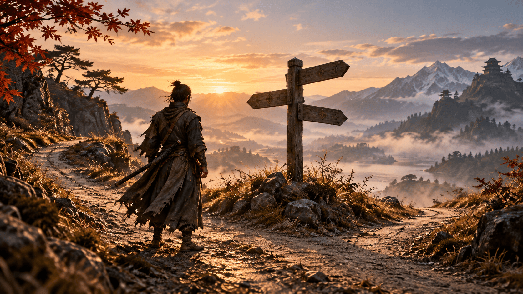 A samurai on a mountain path at sunset, standing beside a blank wooden signpost, with a fortress on a distant peak