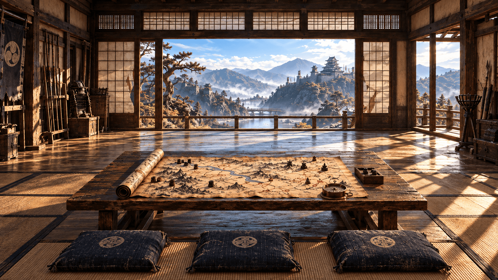 A sunlit Japanese room with a campaign map and compass on a low wooden table, three cushions, and a lake and castle beyond the screens