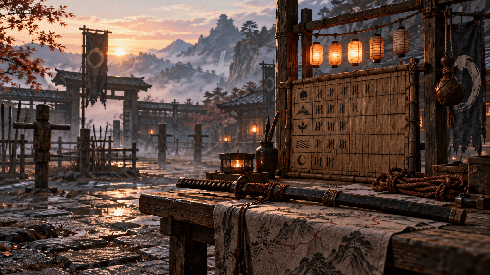 A dawn courtyard with paper lanterns, a bamboo tally board, and a katana resting on a map