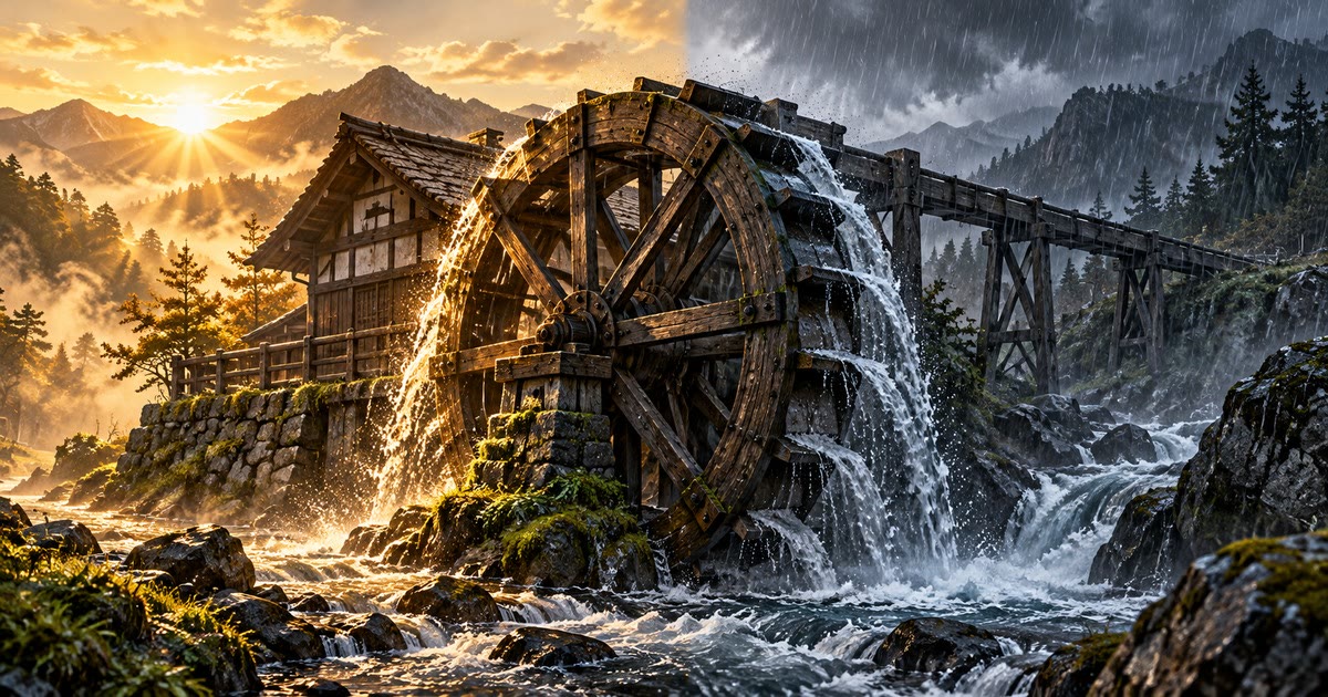 A wooden water wheel on a mountain stream turning under a sky split between morning sun and rain, representing daily habits that keep going on every kind of day.
