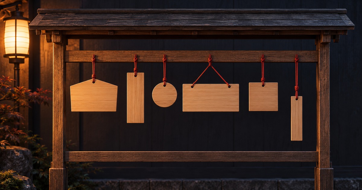 Blank wooden plaques and tags of different shapes hanging from a Japanese notice board in soft lantern light, representing different types of goals to choose from.
