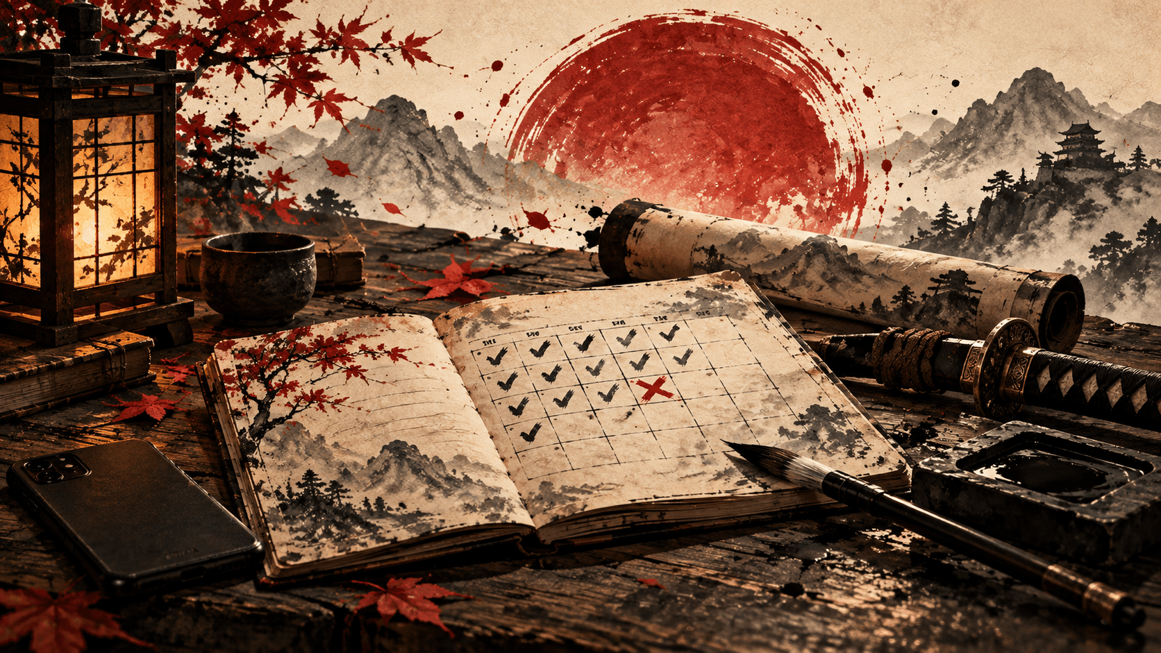 A hand-inked habit grid in a notebook on a samurai's desk by lantern light