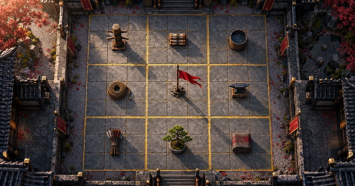 Overhead view of a castle courtyard paved in a 9 by 9 grid of stones with gold seams marking nine blocks, a crimson pennant at the center, representing the Harada method goal chart.