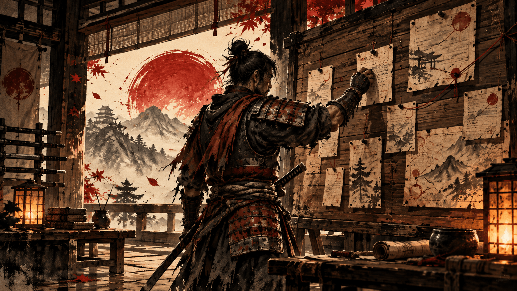 A samurai in armor pinning handwritten pages to a wooden board, with lanterns and a red sun beyond the open screens