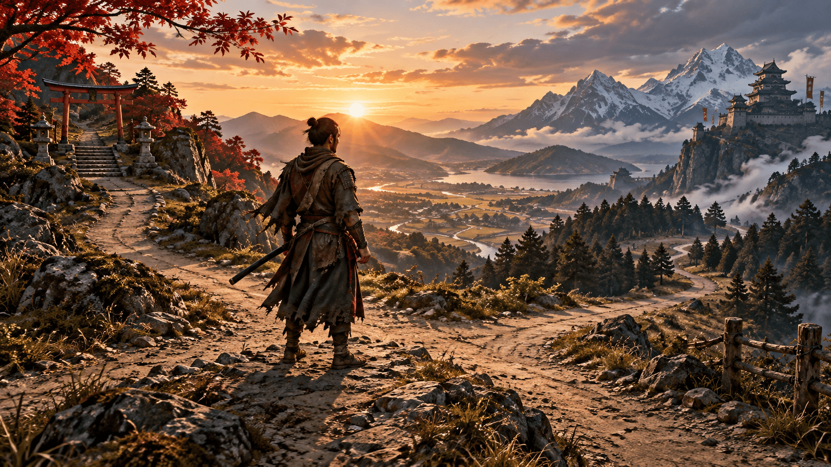 A samurai on a mountain path at sunset, looking toward a fortress on a distant peak