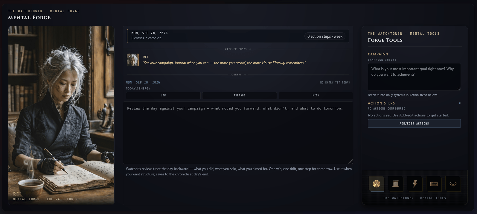 Mental Forge in Ronin Reborn: Rei beside the daily journal, with Campaign Intent and Action Steps in Forge Tools