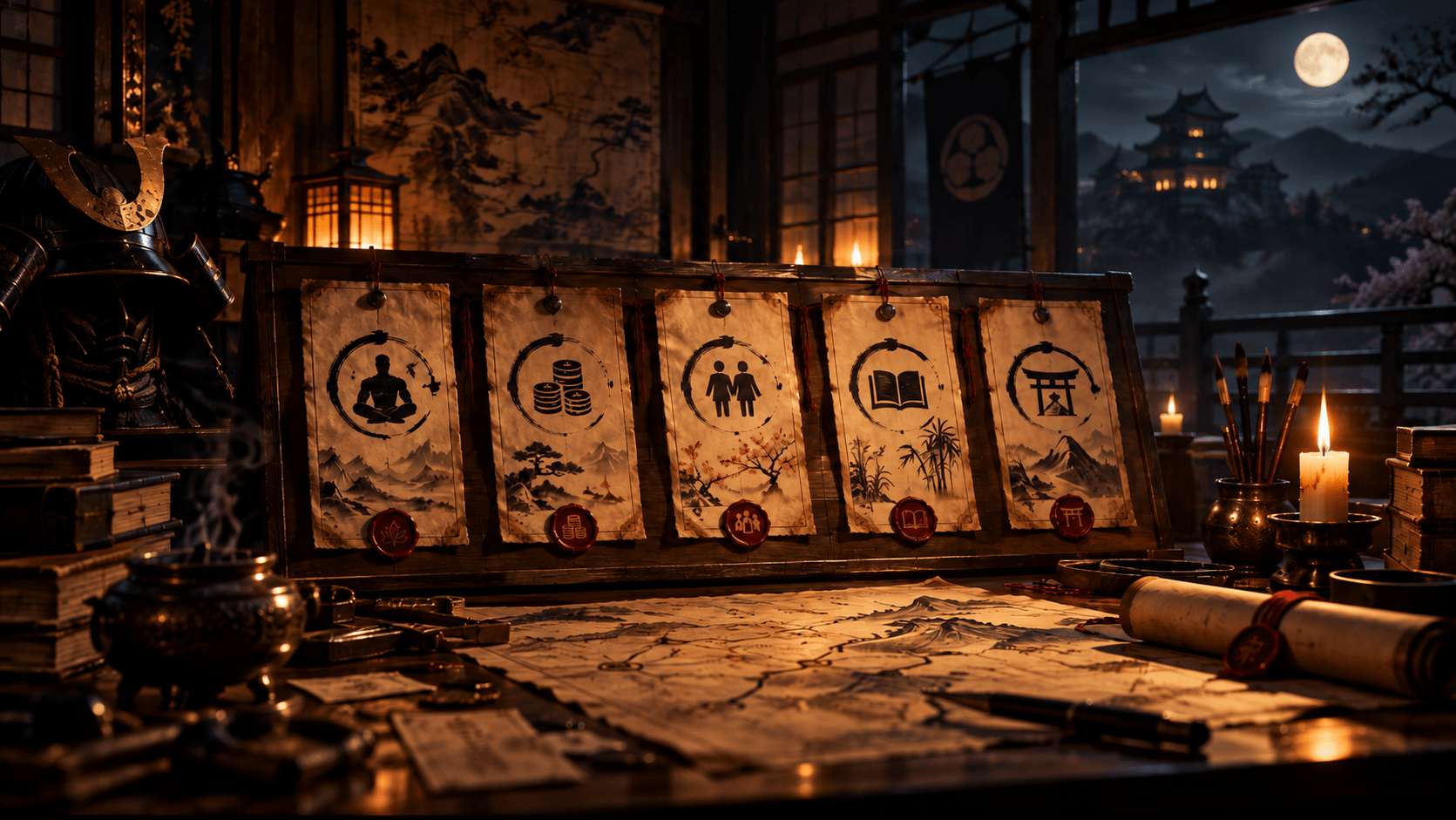 Five hanging scrolls for health, money, relationships, learning, and career above a candlelit map, with a samurai helmet and a moonlit shrine beyond the window