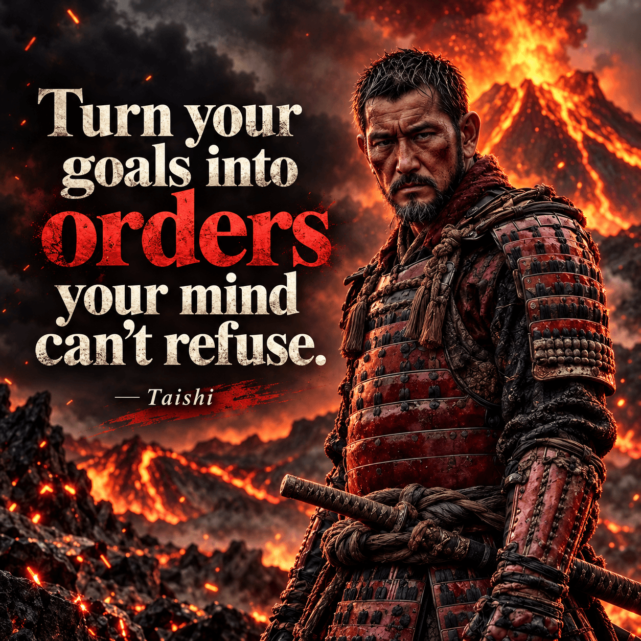 Taishi in red armor before an erupting volcano. The quote reads: Turn your goals into orders your mind can't refuse.