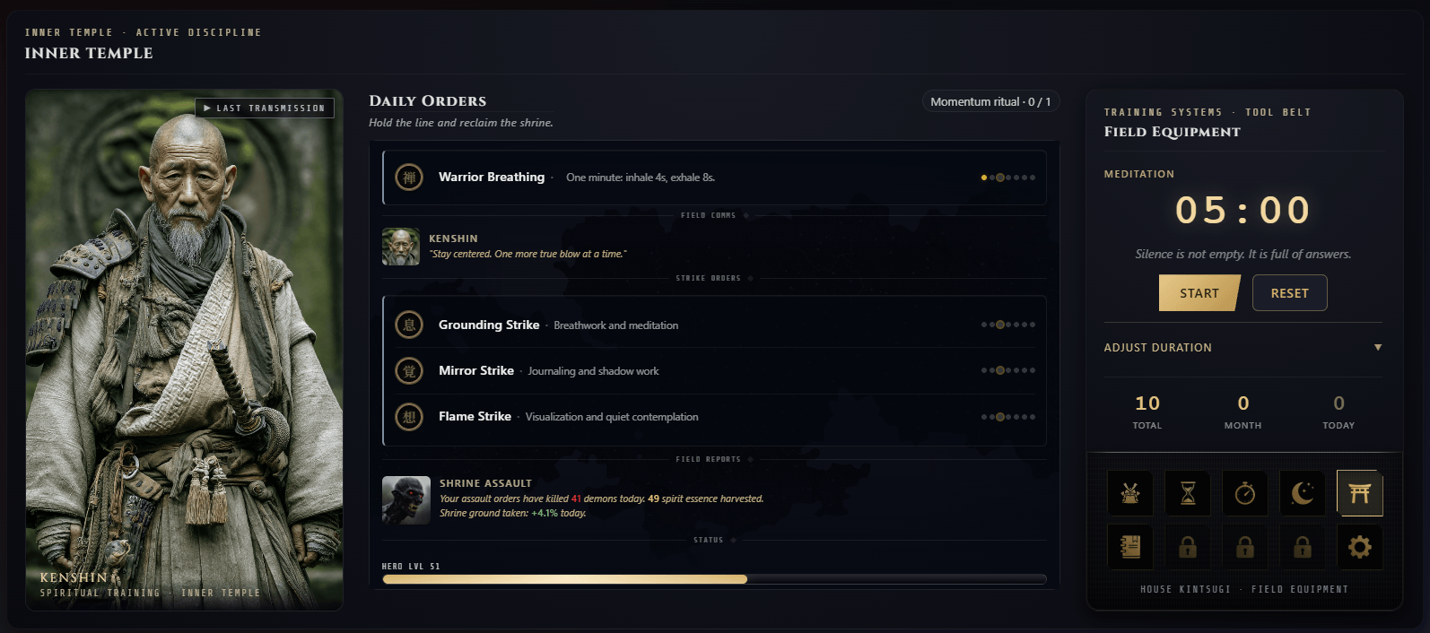 Ronin Reborn Samurai Ledger war record: hero level, Hatamoto rank, and ritual stats for strength, intelligence, spirit, and endurance