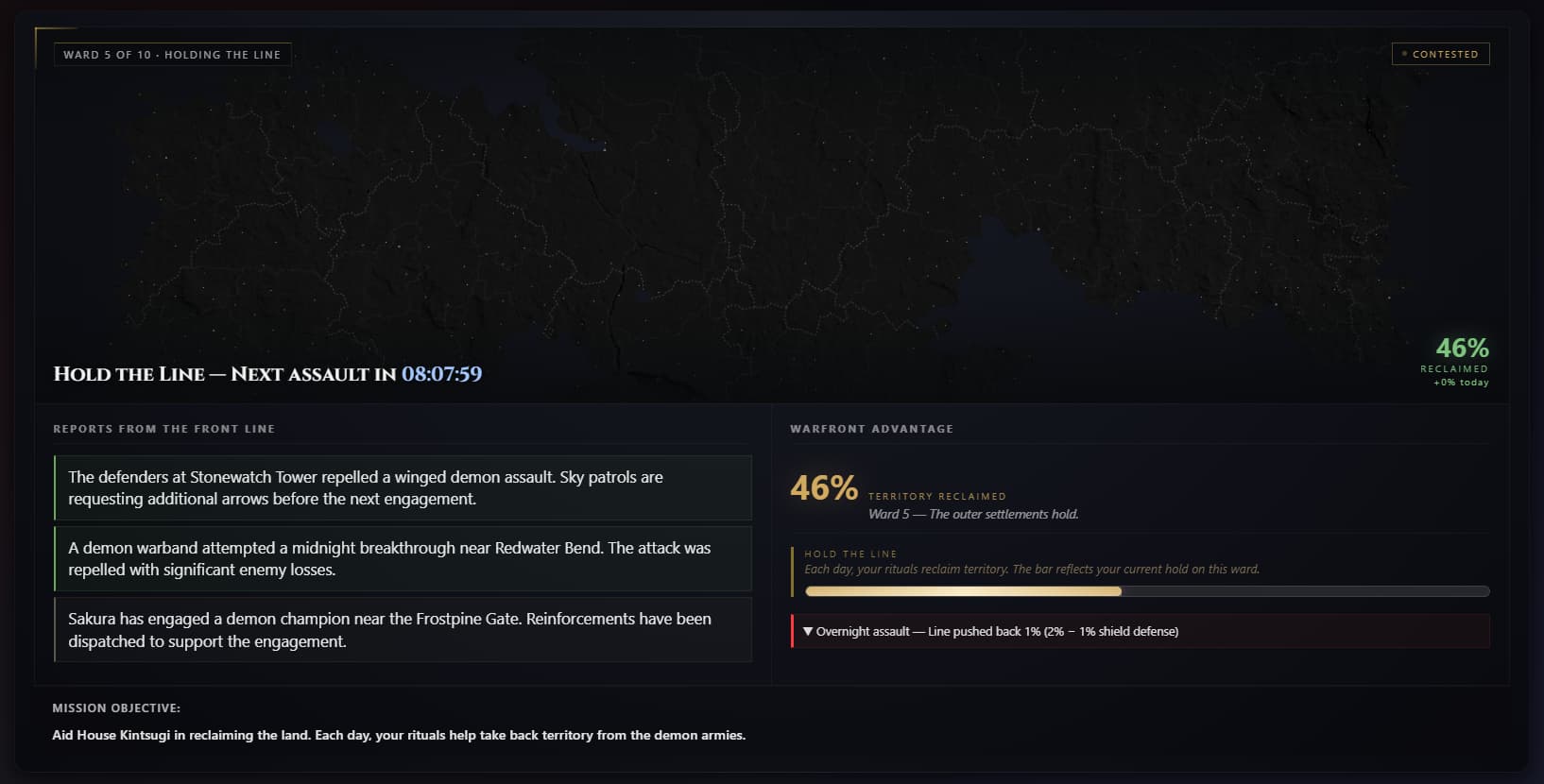 Ronin Reborn warfront showing Hold the Line, 46 percent territory reclaimed, front-line reports, and an overnight assault that pushed the line back