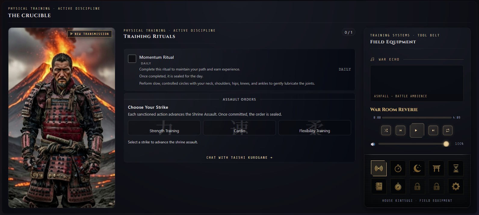 Image of a samurai mentor guiding a player through a workout