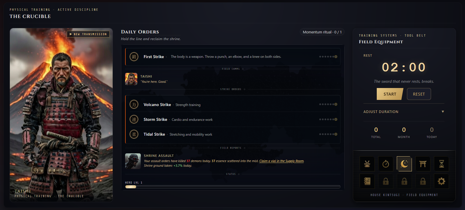 The Crucible War Room: Daily Orders, Taishi, and field equipment.