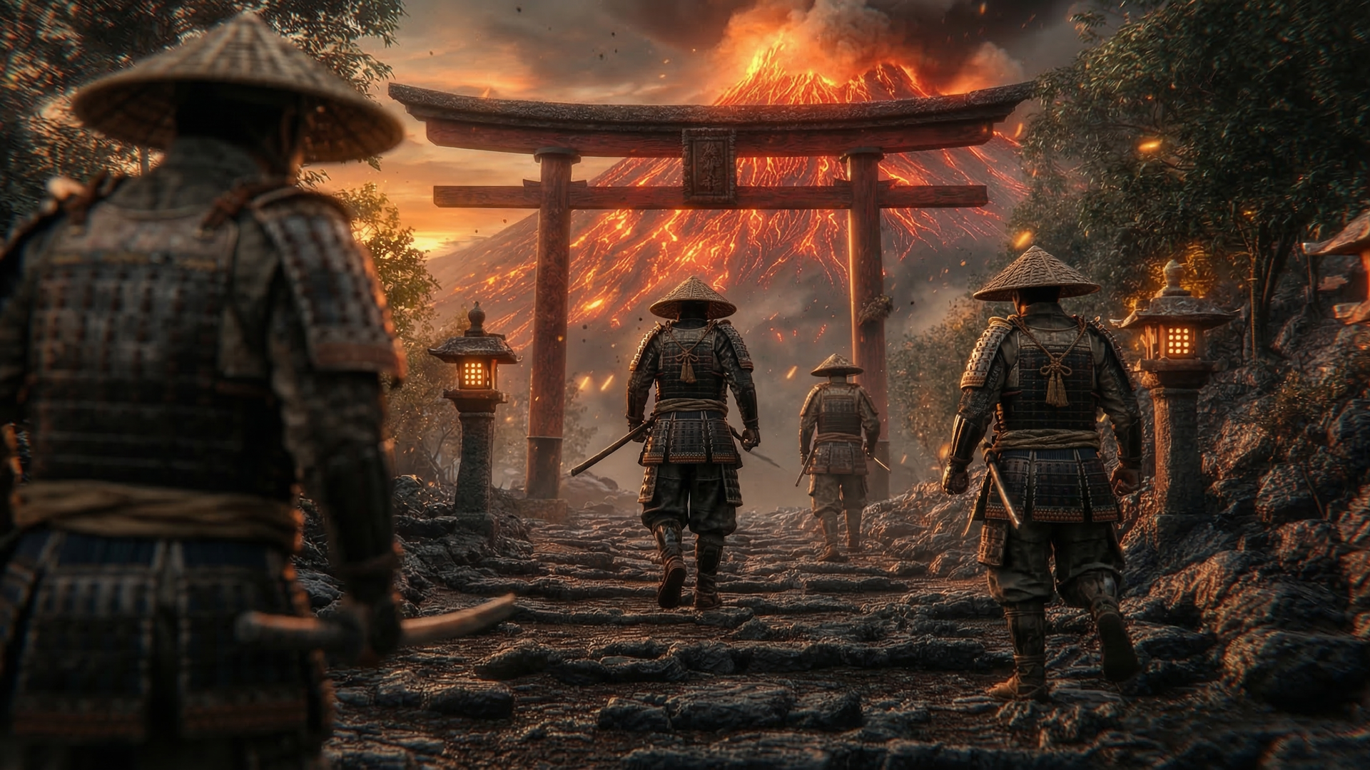 Samurai advancing toward a torii gate and erupting volcano.
