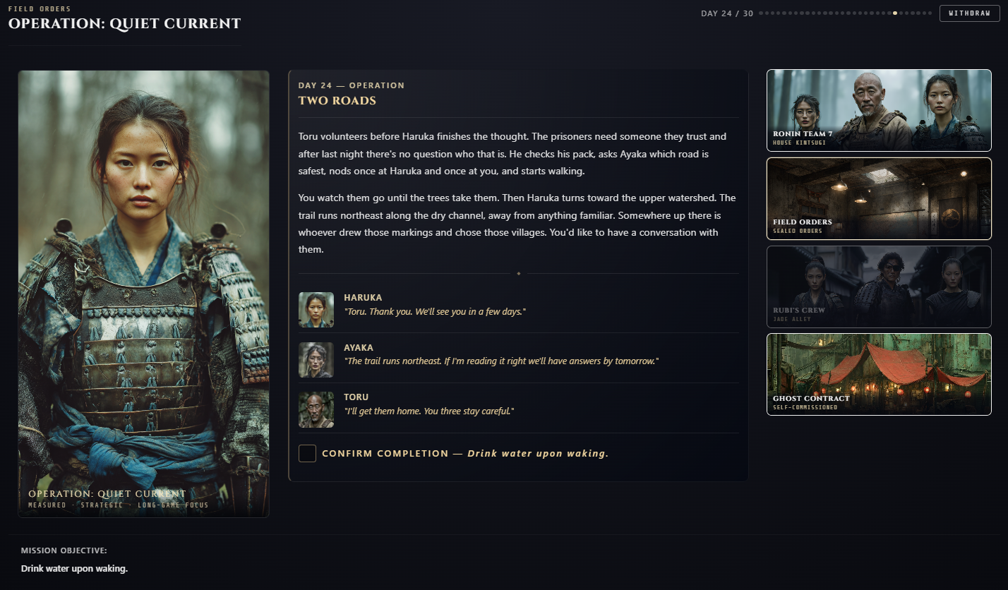 Missions interface showing campaign contracts and objectives.