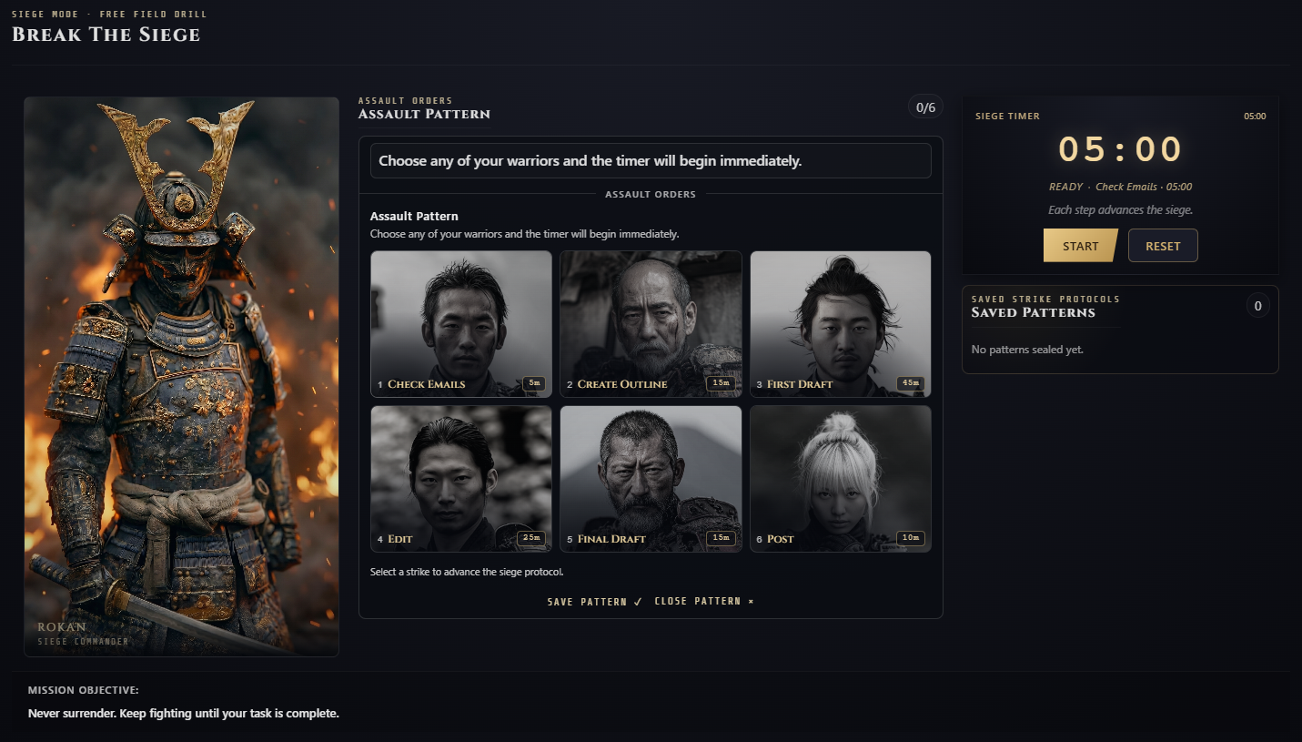 Siege Mode priority stack and strike drill interface.