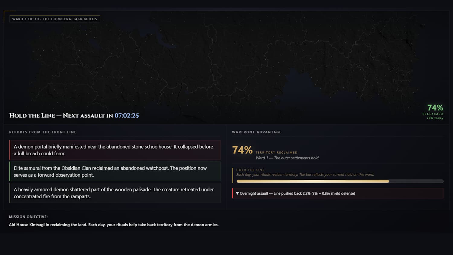 Warfront command interface showing frontline progress and assault reports.