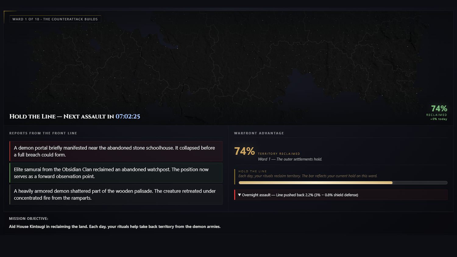 Warfront command interface showing frontline progress and assault reports.